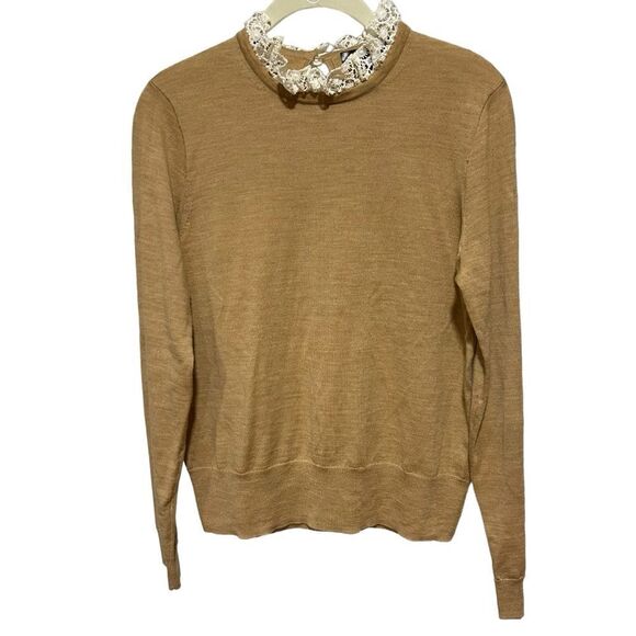 J.Crew Tippi Merino Wool Sweater Lace Collar Details Camel Tan Medium - Picture 3 of 9